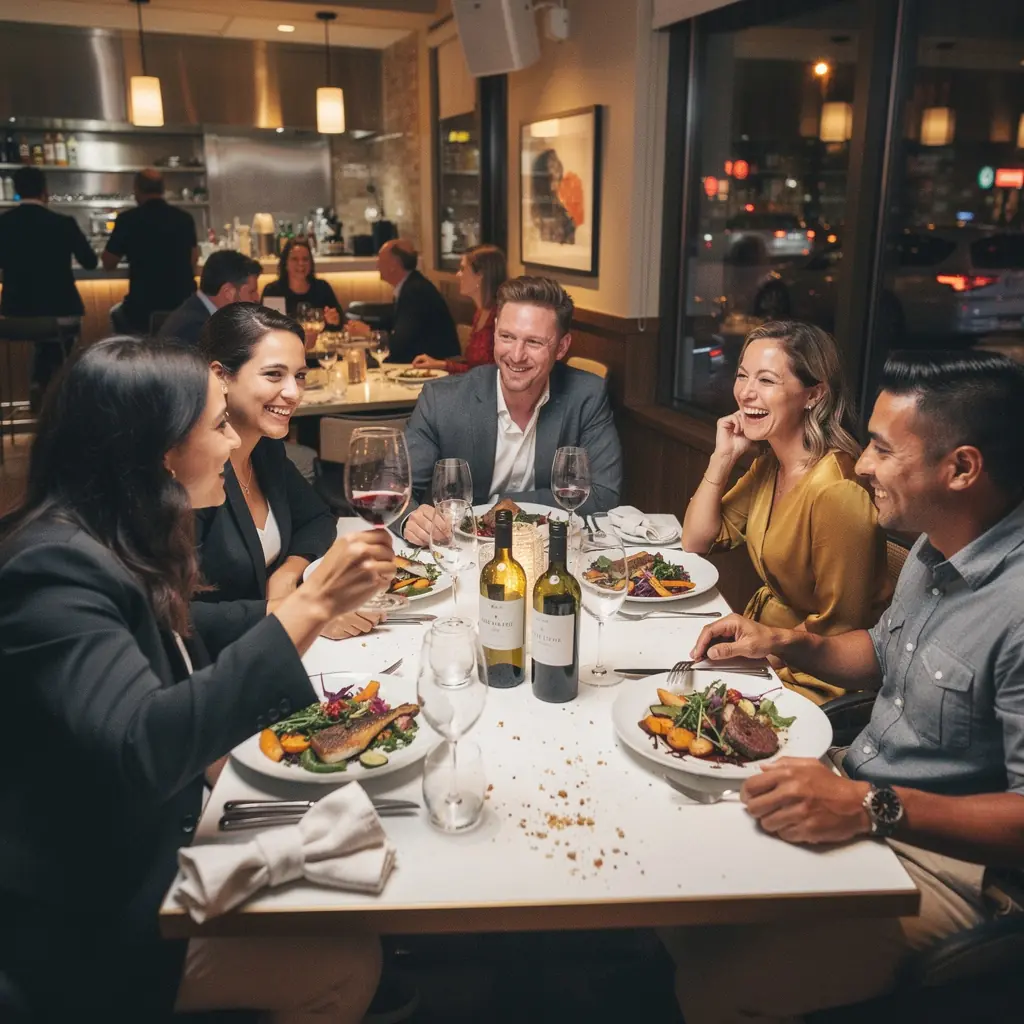 Widok na malowniczą winnicę w Kalifornii, z dojrzałymi winogronami i turystami degustującymi wina.